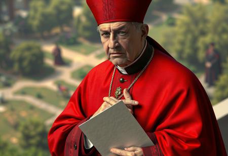 "Create a 4K ultra-high-resolution masterpiece depicting a solemn cardinal in traditional black-and-red ceremonial attire. The cardinal should be shown in a dynamic action pose with his right hand over his chest and left hand holding a white document. The composition must follow the golden ratio with isometric perspective, featuring a beautifully detailed background of blurred greenery and distant figures. Render the image using Unreal Engine 5 with Octane Render technology to achieve lifelike textures in the cardinal's robe and zucchetto. Apply Raphael's classical aesthetics combined with Houdini's procedural detail work, while incorporating Grammer Effect lighting for dramatic impact. The face should exhibit meticulous detail with expressive eyes conveying both authority and contemplation. Use a harmonious color palette with vibrant red accents against deep black and natural green tones. Ensure the final piece meets ArtstationHQ trending standards with balanced editing and sharp brush strokes."