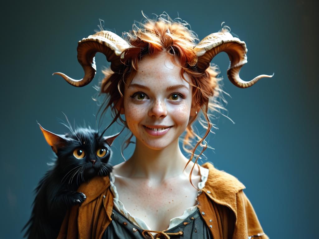 score_9, score_8_up, score_7_up, source_photo, (realistic:1.4), photorealistic, fantasy, medieval, 1girl, solo, wizard, ginger hair, short hair, straight hair, evil smile, black and red sigils, robe with sigils, runes, glowing eyes, tiefling, horns, with her pet monsters all around her, <lora:FantasyTiefling:1>, <lora:woman_and_her_monster:1.4>