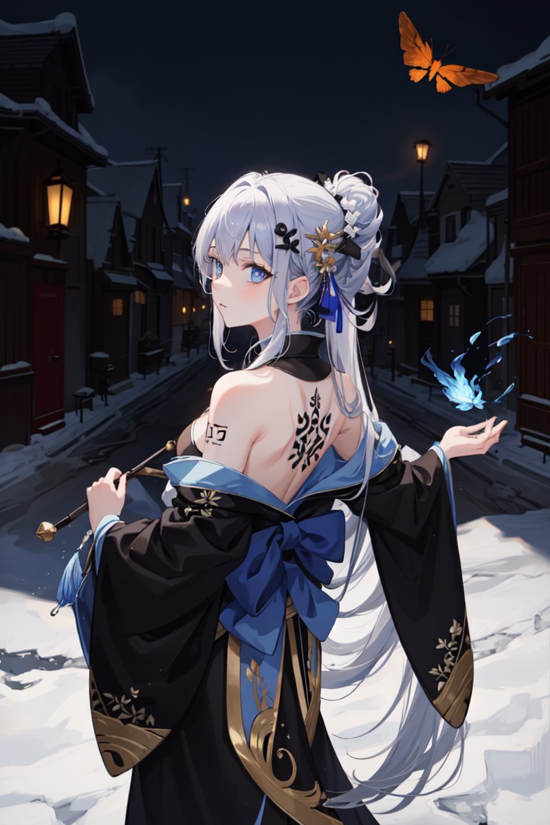 masterpiece, best quality, absurdres, perfect antomy, 1girl, solo, back tattoo, outdoors, silver hair, blue eyes, kimono, ...