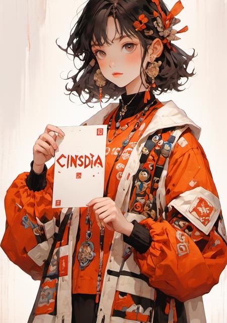 <lora:C_fashion-000015:0.8>A girl holding up a piece of paper with Cinsdia written on it