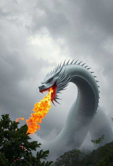 A huge white Chinese dragon hovered in the sky, spitting fire from its mouth, and the sky was dark and overcast