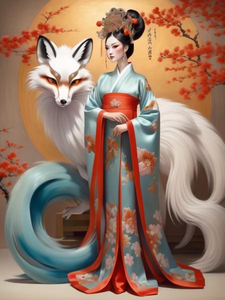 A coquetty woman, with large eyes and a gorgeous Hanfu, fits the description of the fox goddess Daji in the ancient Chinese myth "The List of Deities." Behind is an abstract nine-tailed fox (in the style of Peking Opera facial makeup), a full-body shot that blends tradition and modernity<lora:neg4all_bdsqlsz_xl_V6:1><lora:Movecolor_Foxgirl_V1.0:0.4>