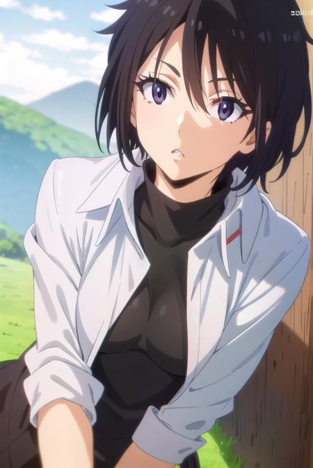 hinata sakaguchi, black hair, (black eyes:1.5), short hair, hair between eyes,