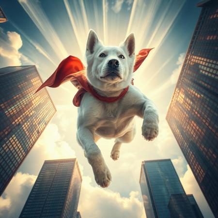(chromatic_aberration) A hyper-realistic digital painting of Krypto the Superdog, depicted as a majestic white canine flying through the sky. Viewed from a dramatic worm’s-eye angle, his red cape flaps heroically in the wind. His muscular form and pristine white fur gleam in the sunlight as he soars with focused intensity. Towering skyscrapers loom in the background, emphasizing his altitude and scale. The sky is vibrant with streaks of clouds and golden sunlight breaking through, capturing the essence of a true airborne protector.