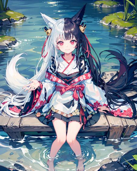 1girl,solo,fox_ears,alicemanabell, <lora:AliceManaV1:1>,
light smile, ;3,sitting,water,river,barefoot,from_above,lotus, leaf,depth of field,kimono,