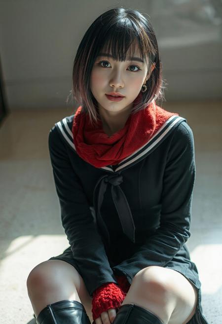 DLSR photograph, slender, beautiful extremely sexy 26 year old korean model . Pale skin, 
lighting<lora:MoriiMee_Gothic_Niji_Style_FLUX:0.3500000000000001> <lora:AsirAsianPhotographyflux:0.7000000000000002>
 (score_9, score_8_up, score_7_up), best quality, ultra highres, realistic:0.7, solo, girl, 22 year old, silk black hair with pink highlights, straight short hair, hime cut, bangs, big bright eye, flat perky chest, sexy pink lips, half lips, detailed eyes, eyeshadow, shy, cute smile, a quarter closed eyes, BREAK slim figure, tall body, wide hips, shiny pale skin, outstanding style, sexy, pale skin, smart looking, Expressive, wearing sailor uniform, pleated skirts, thigh highs boots, warm scarf, red gloves)),  pensive, light smile, closed mouth, presenting her face, horny, face focus, looking at viewer, eye contact, face focus, tight ass, sexy face, black nail polish, presenting her breast, breast focus, earrings, detailed face, detailed skin, sexy, rim lighting, two-tone lighting, low key, (extremely closed-up, near viewer), god rays of light, sitting, crossed legs, knees in front of the viewer, view from below,
