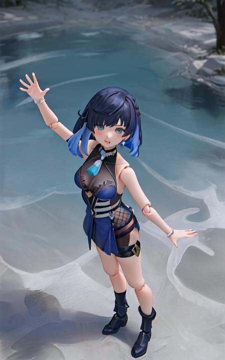 (masterpiece, best quality, absurdres, foreshortening, from_above, fisheye:1.2), a highly detailed full body (figma:1.1), (yelan \(genshin impact\):1.1), green_eyes, bare shoulders, black hair, blue_hair, two-toned hair, multicolored hair, (blue_dress, pelvic curtain, clothing cutout), 1girl, solo, [[realistic]], extremely detailed background