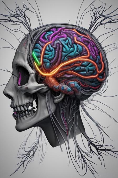 A man drowning inside his own mind. FRONT VIEW. Subliminal messaging, Horror, neon-colored brain scan aesthetic on white background. the figure of a skull is seen inside the brain scan. Psychedelic brain scan. Horror, Vibrant, glowing neural pathways Abstract, futuristic aesthetic. Style mimics bioluminescence art. Sharp contrast between vivid colors and deep black background. realistic rendering of brain lobe. Conveys sense of brain death, cognitive decline, and mental degradation. Sharp jagged teeth. Horror theme.