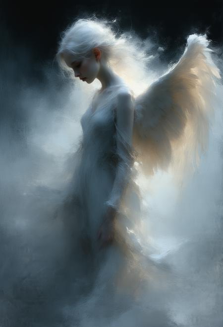 A banished female angel, ethereal silhouette against a smooth, obsidian black background. The composition emphasizes clean linear forms and gentle, echoing curves, evoking a sense of melancholic grace and restrained power. Shimmering, diffused white light subtly highlights the angel's form, creating a soft, almost imperceptible glow. Minimalist in execution, yet rich in emotional depth. Impressionistic brushwork suggests movement and a whisper of sorrow, a fusion of stark minimalism and evocative light. Focus on balance and uniformity of form, reminiscent of a forgotten dream.