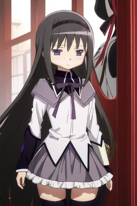 best quality, masterpiece, highres, solo, {akemi_homura_puellamagimadokamagica:1.15}, black_hair, long_hair, hairband, purple_eyes, blush