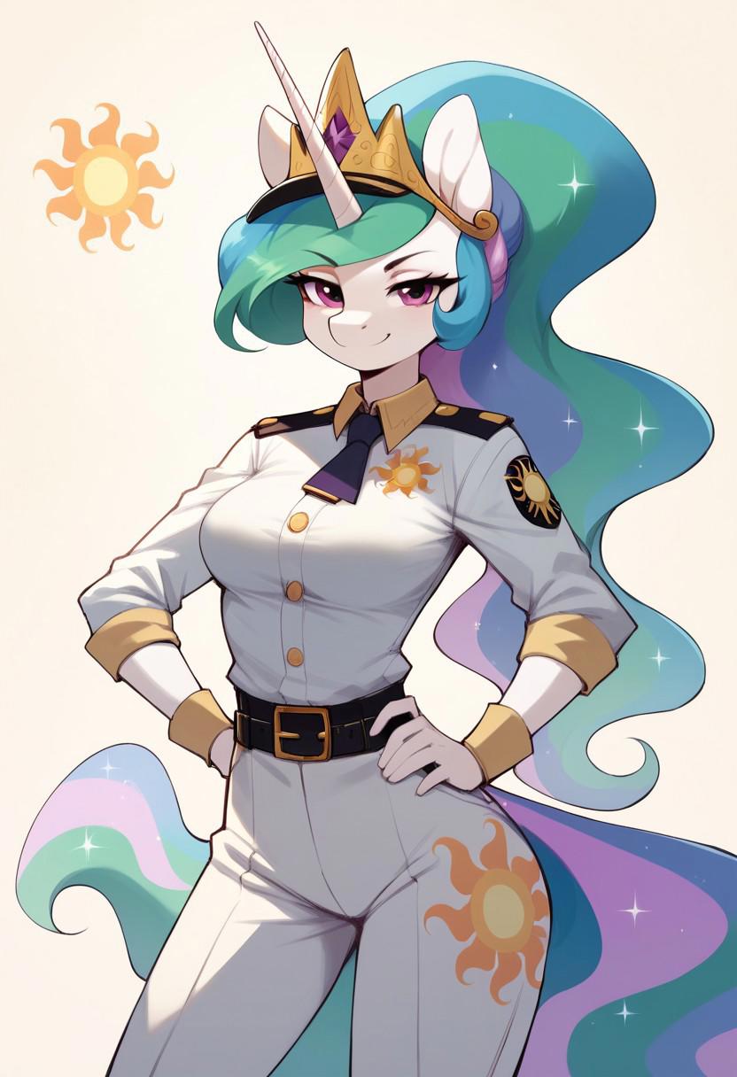 score_9, score_8_up, score_7_up, score_6_up, score_5_up, score_4_up, masterpiece, best quality, high detailed, detailed face, cute, my little pony, solo, anthro, petite body, skinny, princess celestia, nylon officer's uniform, medium breasts, looking at viewer, smug, hands on hips, standing, simple background, close view, by woolrool