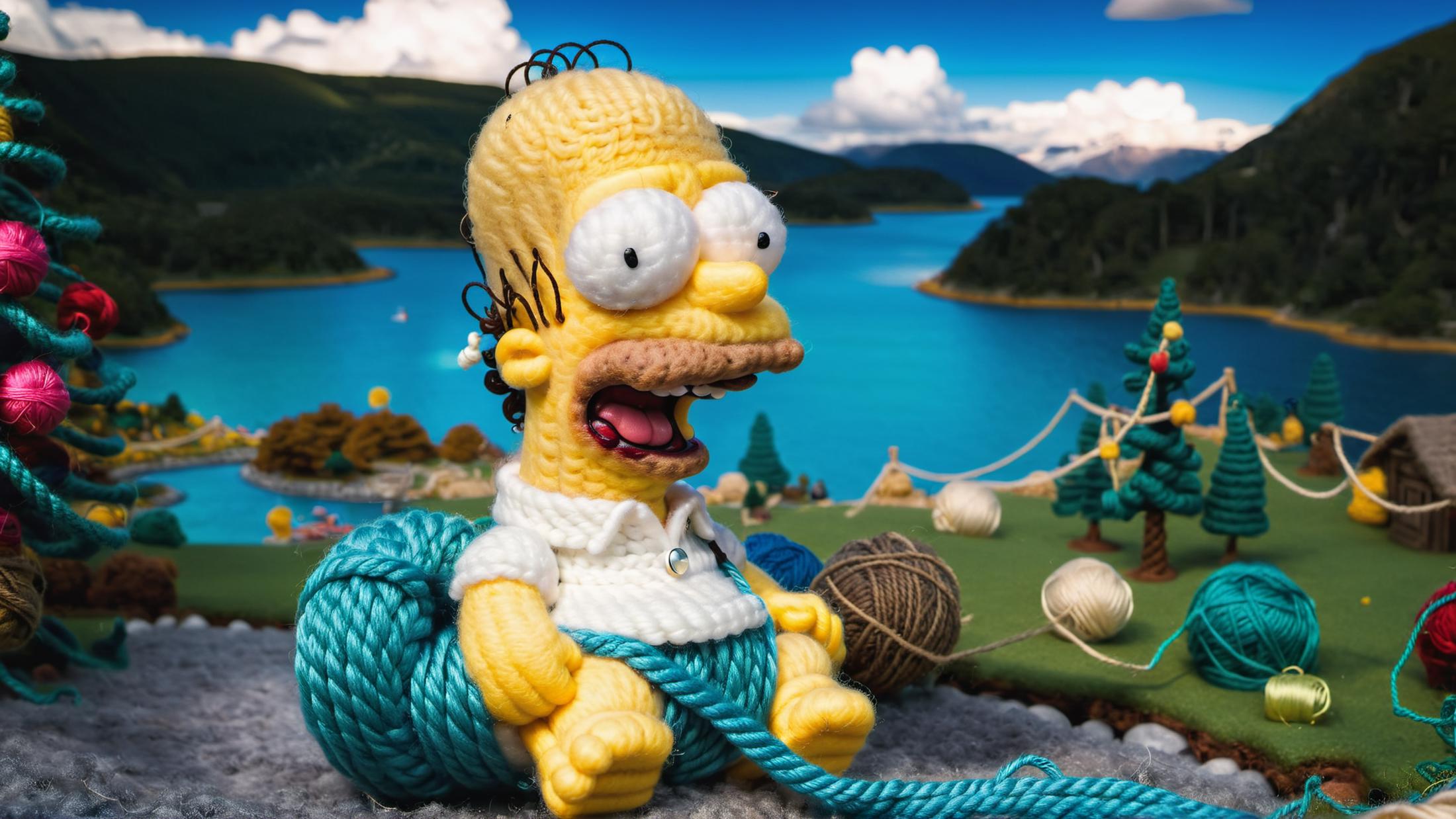 A Simpsons-themed doll sitting on a rope in a scenic setting.