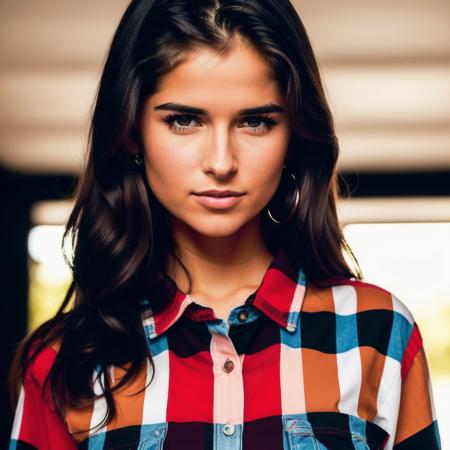 (Masterpiece Photo:) of (Happy)  nessa wearing checkered red and black shirt and blue jeans staring at the viewer,(big brown eyes) ,(checkered red and black shirt), (blue jeans),Highly Detailed,(close portrait:1.3),(Feminine:1.4),(beautiful:1.4),(attractive:1.3),calendar pose,perfectly detailed eyes,studio lighting,thematic background, (high detailed skin:1.2), 8k uhd, dslr, soft lighting, high quality, film grain, Fujifilm XT3