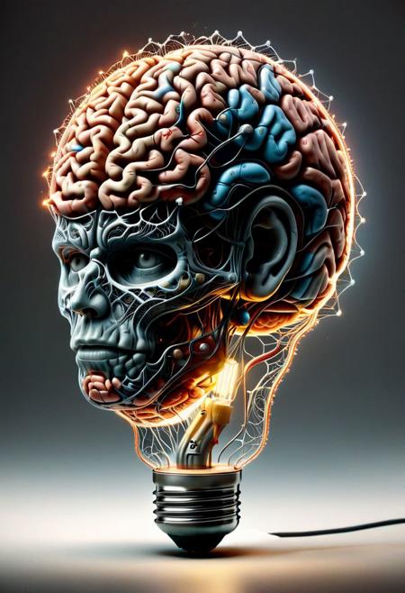(best quality, 4k, 8k, highres, masterpiece:1.2), ultra-detailed ,illustration, a light bulb with a brain inside of it, face made of metal parts, radiant light,
Backlit,
Powerful light emitted,
Idea symbol background,
Smart,
 masterpiece, epic visuals, detailed, ultra detailed, depth of field, dynamic angle,
rsmls, surreal, abstract, dark, russ mills, ral-braynclz,