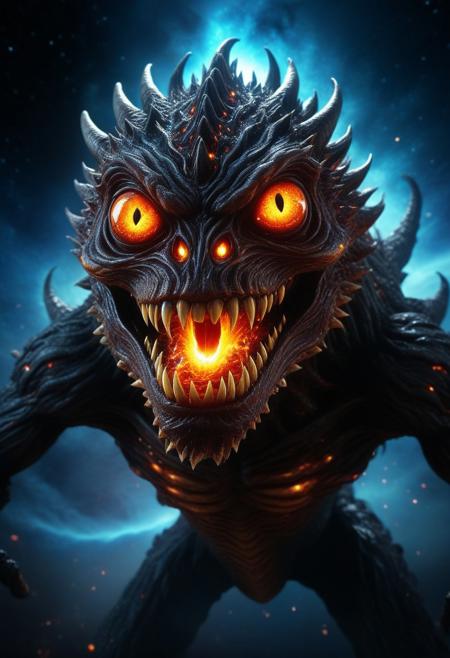 masterpiece,ultra-high resolution,incredible composition,extremely detailed, HavvoricFireDarkstyle
 monster with googly eyes, sharp teeth, rage extraterrestrial inside it, in space. made of beaten enchantment made out of holograms