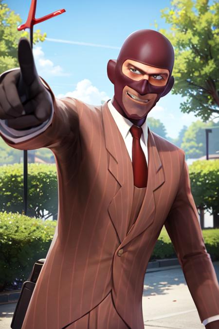 masterpiece, solo, upperbody, tf2spy, redteam, detailed eyes, red suit, red necktie, glack gloves, smiling, detailed background, outdoors, looking at viewer, <lora:spylorav1:0.8>