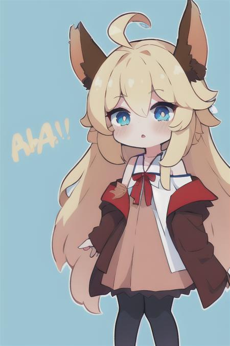 <lora:ChibifyV1:1>, chibi, (best quality, masterpiece), ahoge, animal_ears, bare_shoulders, bird_ears, blonde_hair, blue_eyes, blush, brown_pantyhose, dress, full_body, jacket, long_hair, long_sleeves, looking_at_viewer, off_shoulder, open_clothes, open_jacket, pantyhose, parted_lips, simple_background, solo, standing, very_long_hair, white_background, white_dress, white_jacket