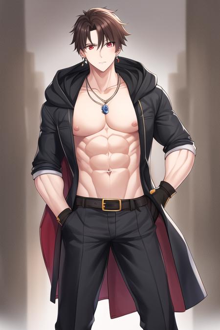 male focus, 1boy, pectorals, abs, muscular male, bara, solo, facial hair, bare pectorals, muscular, pants, nipples, card, holding, coat, open clothes, open coat, beard, navel, hood, large pectorals, mature male, looking at viewer, boots, weapon, gloves, short hair, black hair, full body, hood up, chest hair, fingerless gloves, navel hair, staff, black coat, necklace, long coat, smile, black gloves, belt, jewelry, tree, holding card, standing, playing card, holding weapon, stubble, sideburns