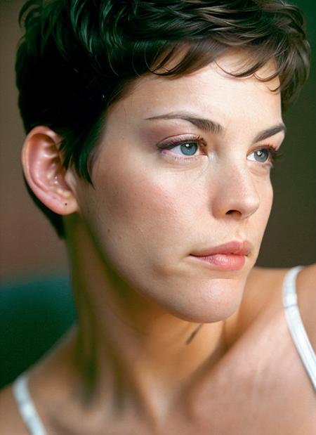 closeup portrait of skswoman, disgusted , wearing intimates , with medium brown Pixie cut , background space station epic (photo, studio lighting, hard light, sony a7, 50 mm, matte skin, pores, colors, hyperdetailed, hyperrealistic), <lyco:Liv TylerV2:1.1>