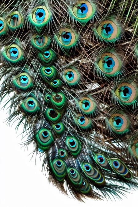score_9, score_8_up, score_7_up, Ultra High Definition, Impeccable Detail, Premier Quality, Best-in-class, (Photorealistic), (Lifelike), raw photo,peacock, peacock full body, side view, white background, simple background, no humans. peacock feathers, pavolaris,