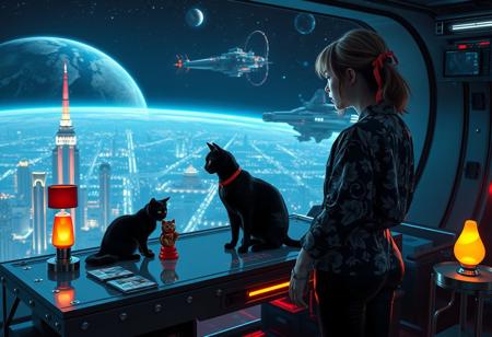 A sleek black cat with red collar sits on a cluttered metal riveted desk with transparent top and micro-LED lighted computer components visible inside, On the desk are a maneki neko statue and a lava lamp, the Black Cat is looking out of a seamless and futuristic floor to ceiling window that looks out at a planet from low orbit, the planet is covered with the lights of enormous buildings and cities, (((a beautiful woman, 24 years old, is standing next to the desk the cat is sitting on and looking longingly out the window, the woman is dressed in an ornate Japanese style shirt and tight leather-like pants. An enormous deco-cyberpunk starship with futuristic lighting and an enormous space station are visible in the background among the stars, The woman's hair is messy from just waking up and tied up with a ribbon. Artistic cyberpunk, dynamic perspective, (((overall architectural aesthetic is Art Deco Cyberpunk))).  Epic image that elicits a feeling of wonder and awe,