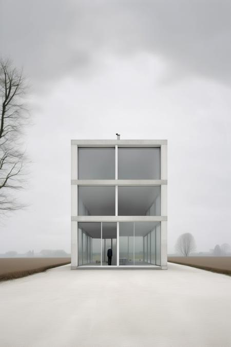 <lora:Akos Major style:1>Akos Major style - a hyperrealistic photo architecture divisare focal length 40 mm format grey sky a hyperrealistic une maison pavillon blanche francaise building in form of glass with a structure of white concrete post and white metal joinery and black joints in a field of a french landscape of architect bruther as the photographer maxime delvaux and photography of the site of archtecture divisare with concrete building