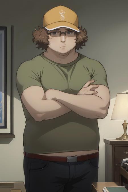 (masterpiece, best quality:1.2), solo, male focus, 1boy, expressionless, looking at viewer, crossed arms, hashida itaru, baseball cap, glasses, green shirt, pants <lora:steinsgate_hashida:0.9>