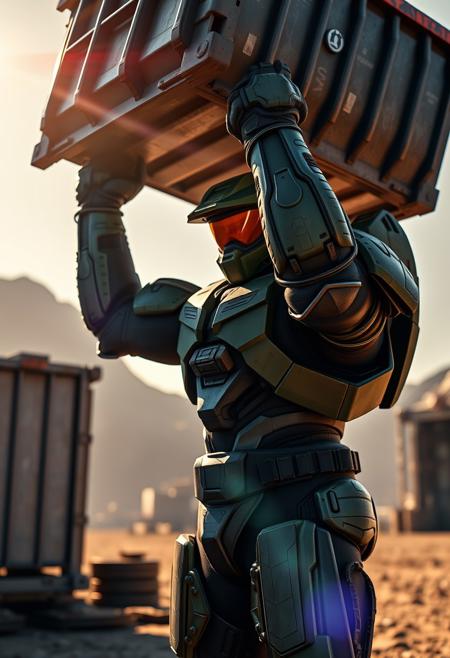 cinematic super realistic stunning visuals, Master Chief (from Halo) powerlifting a huge military metal supply container with one arm, extreme weightlifting, full body, low angle, showing off, heroic pose, wearing his green helmet and iconic power armor, extremely detailed, working out, open military base background, lens flare, color palette is warm and rich in saturation and contrast.