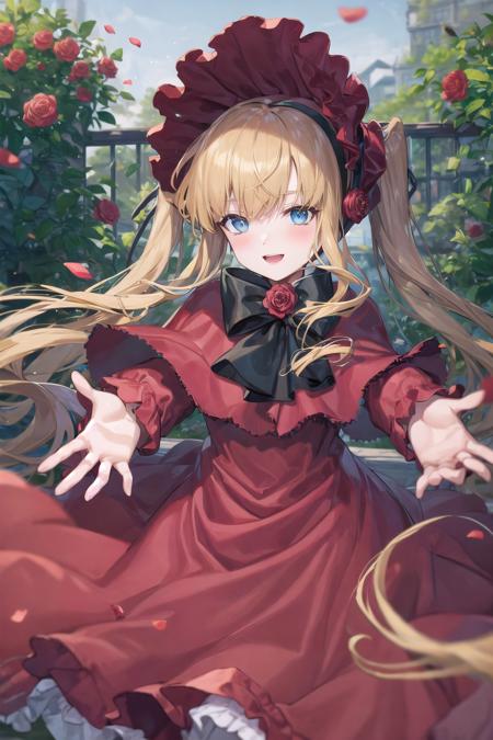 (masterpiece,best quality, detailed), outdoors, garden, 1girl, solo, rose, cowboy shot, smile, open mouth, outstretched arms, looking to the side,
<lora:shinku-pynoise:1>
original outfit, 1girl, solo, dress, red dress, bow, bangs, petals, looking at viewer, parted lips, white background, bonnet, long sleeves, red flower, red headwear, rose, black bow, black footwear, flower, capelet, blush