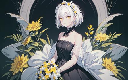 (best quality, masterpiece), (1girl, solo, black dress, standing , looking at viewer, white hair, yellow eyes, closed mouth, upper body), (giant bouquet background, floral_background)