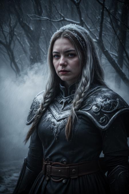 (dark mood masterpiece Photography by Mario Giacomelli:1.2),high quality, 8K Ultra HD, Ultra-high quality photos, (Extremely detailed), High quality photos, RAW photo, (photorealistic:1.4), 
Frost Death Knight, icy blue armor shimmering, dual axes frosted with death, glowing blue eyes, breath turning to mist, undead frost wyrm in the background, frozen wasteland, pale moonlight. (cinematic, high detail, dark fantasy, realistic lighting),
dramatic lighting, atmospheric lighting, rembrandt lighting, full depth of field and realistic textures, colorful, atmospheric haze, Film grain, cinematic film still, highly detailed, high budget, cinemascope, moody, epic, gorgeous,photorealistic, candid camera, color graded cinematic, eye catchlights, atmospheric lighting, imperfections, natural, shallow dof,
 <lora:add_detail:1>,  Style-Volumetric