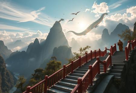 ultra fine detail, highly detailed and intricate details, cinematic, high definition, Tianzi Mountains, Chinese mountains, blue skies, forest, river, birds flying, sun behind mountain, shadow cast, The mountains are tall, there are few trees on the mountain, there are stone stairs leading up the mountains, the mountains pierce the sky, the clouds are swirling around the mountains, the clouds are breaking apart allowing light to pass through them, dragons flying between the mountain peaks, the dragons are playing, there are a few dragons resting on the mountain peaks, there is an old monk on the stair case, the old monk is smoking from a pipe and watching the dragons, there are red wooden guard railings along the stair case up the mountain, dragon focus, aerial view, view from above, Chinese style painting,