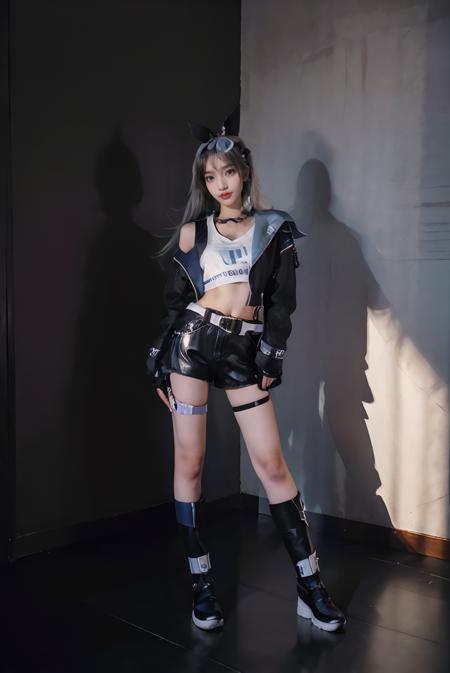 ((masterpiece:1.5)), ((best quality:1.5)), ((detailed)), ((realistic:1.2)), ((Hi-Res lossless)), ((nikon RAW photo, 8K, Fujifilm XT3, HDR10+, high resolution, depth of field, huge filesize, low-angle shot)), (1girl, solo, standing straight:1.3), ((((full body:1.5), (medium breast:1.4), (slender body:1.3), body height 150 cm, body weight 40 Kg, realistic body, 18 years old, teen, cool))), perfect anatomy, perfect body, perfect hands, perfect feet, perfect eyes, realistic eyes, realistic anatomy, perfect fingers, realistic hands, realistic fingers, realistic legs, detailed body, detailed face, detailed hands, detailed fingers, (photorealistic:1.4), photorealism, photography, hyperrealistic, hyperdetailed, lots of details, extremely amazing finely detail, shoot by professional, professional photography, studio lighting, professional tuned lighting, indoor, photo studio, dark room, perfection, flawless, best of the best, professional model, photo model, tuned by professional, lustful woman, arroused, seduced, flirty, orgasm face, horny, seductive expression, hot girl, seductive, tempt, naughty, cute, virgin, sexy, looking at viewer, extremely delicate beautiful, a dashing collected professional beauty woman, beautiful body, beautiful hands, beautiful fingers, beautiful legs, beautiful arms, beautiful face, beautiful eyes, ((Luxury black diamond wall background)), realistic shadow, realistic texture, realistic lighting, path tracing, ray tracing, <lora:Javanese_Girl_V3:0.7>, <lora:starrail_silverwolf_cosplay_v2:0.6> silverwolf cosplay costume, cosplay, silverwolf, white hair, hair bow, eyewear on head, hair ornament, jacket, shorts, cropped shirt, belt, fingerless gloves, bandaid, single fishnet legwear, thigh strap, boots