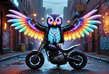 lazypos, A thicc owl-chicken hybrid clad in a distressed leather biker jacket—each stitch glowing with bioluminescent thread, the worn seams leaking swirling violet mist as it shifts. Its clay-textured feathers blend into the jacket’s sheen, catching neon reflections from the twilight city’s fungal streetlights. Rainbow worm guts splatter its beak with luminescent splotches as it devours them, the chewed bits lighting up its throat like a lava lamp. The bandana now tied around its wing-arm blazes with pixelated RGB patterns, syncing to its amused clucks. Tiny bioluminescent tattoos pulse across its belly—glowing skulls and winged chili peppers—while its talons scrape sparks against the pavement. Behind it, a custom-made mini-bike idles with an engine purr, the exhaust puffing pastel smoke rings that hover like halos. Hyper-detailed grime on the jacket’s elbows, subsurface scattering on ear-tuft feathers, and realistic light refraction in dangling worm saliva push the fantasy realism. The whole scene vibrates with the energy of a mystical dive bar’s back alley, complete with glowing graffiti murals of other hybrid creatures watching from the shadows