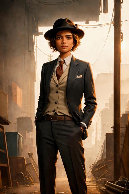 1girl, (noir detective:1.2), tan skin, (fancy suit:1.1), fedora, smirk, (ultra detailed face and eyes:1.1), (album art:1.1), slum cyberpunk, frown, (slum old garage:1.1), (artpunk:1.0), unique pose, (trigun:1.1), (masterpiece:1.1), best quality, run-down, ultra high detail, (by antoine blanchard and casey baugh:1.1), (by zdzislaw beksinski:0.8), extremely intricate, extreme detail, raytracing, reflections, beautiful lighting, harsh lighting, watercolor, High Saturation Clarity Contrast, deep levels, sharp, retouched, color graded, soft lighting