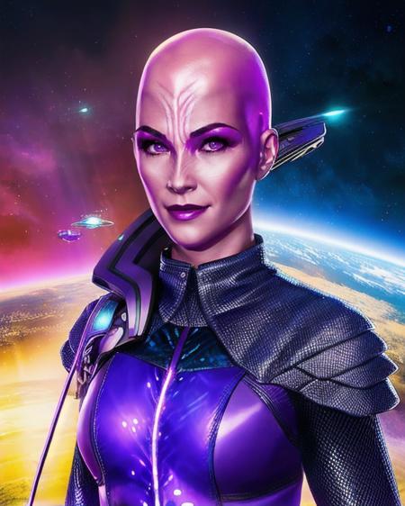 kuumaarke female alien bald pink skin black eyebrows ridges on forehead ridges on side of nose magenta eyes wearing dark purple and teal sci-fi lukari armor suit wearing gloves with glowing teal fingertips wearing tall boots