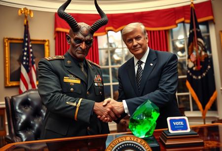 general satan in an immaculate military dress uniform posing for photo shaking hands with president of the united states in sharp suit inside the oval office, real photograph,  dark empty eyes, lovecraftian, photorealistic, correct hands, correct fingers, presidential seal, vote button, campaign photo, election, decorative green otherworldly crystal on desk