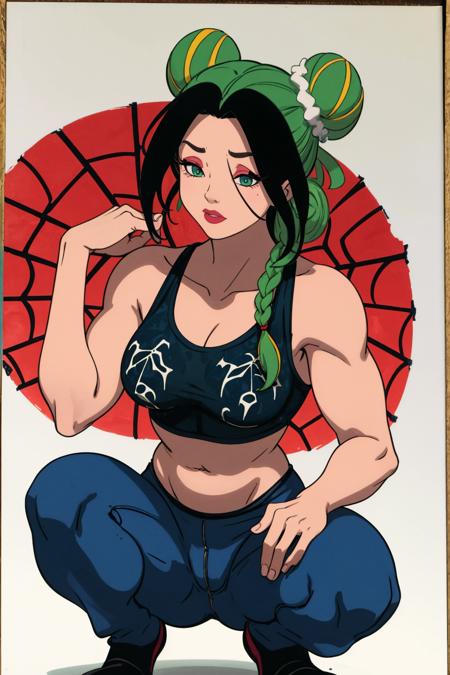 (masterpiece, best quality:1.2), <lora:discreenvision:1>, discreenvision, 1girl, solo, double bun, hair bun, multicolored hair, green hair, two-tone hair, traditional media, braid, green eyes, squatting, midriff, watercolor \(medium\), painting \(medium\), spider web print, black hair, muscular,