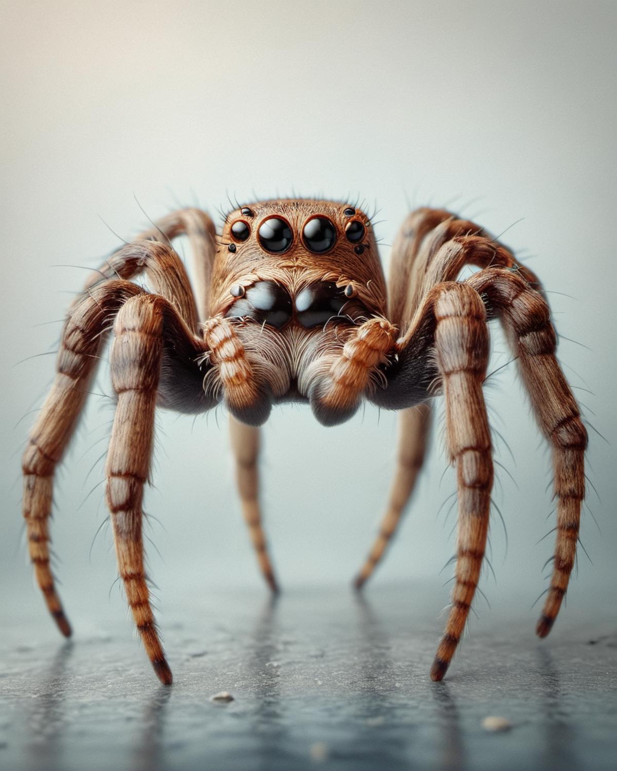 A close-up of a spider with large eyes, sitting on a gray surface.