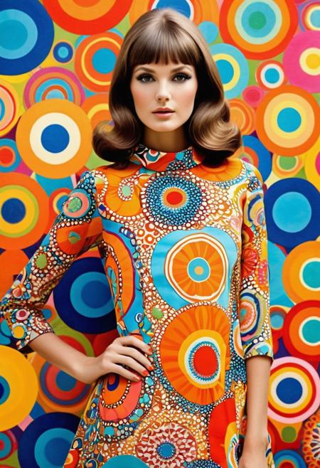 She mod mini dress, psychedelic swirls, vibrant hues, bold patterns, flower power fashion, swinging sixties, Retro Vogue Cover, kaleidoscopic dreams.,highly intricate, 60s,  hyper detailed, photorealistic,