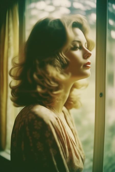 <lora:Marianna Rothen Style:1>Marianna Rothen Style - A candid and romantic analog medium format photograph by Marianna Rothen of a woman, looking out the window, dreaming of being in a close embrace with her lover. Shallow depth of feel. Motion blur. Fujifilm Portra 400.