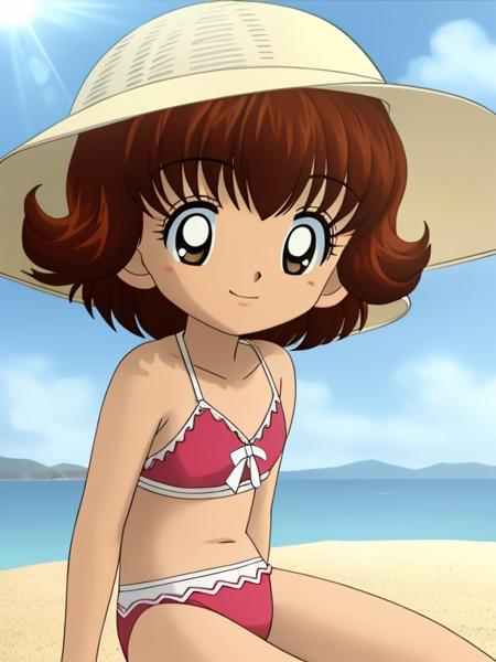 <lora:Hamtaro-16:0.7>, 1girl, solo, a little girl on the beach, sitting on the sand, sand castle, smiling, swimsuit, sunny day