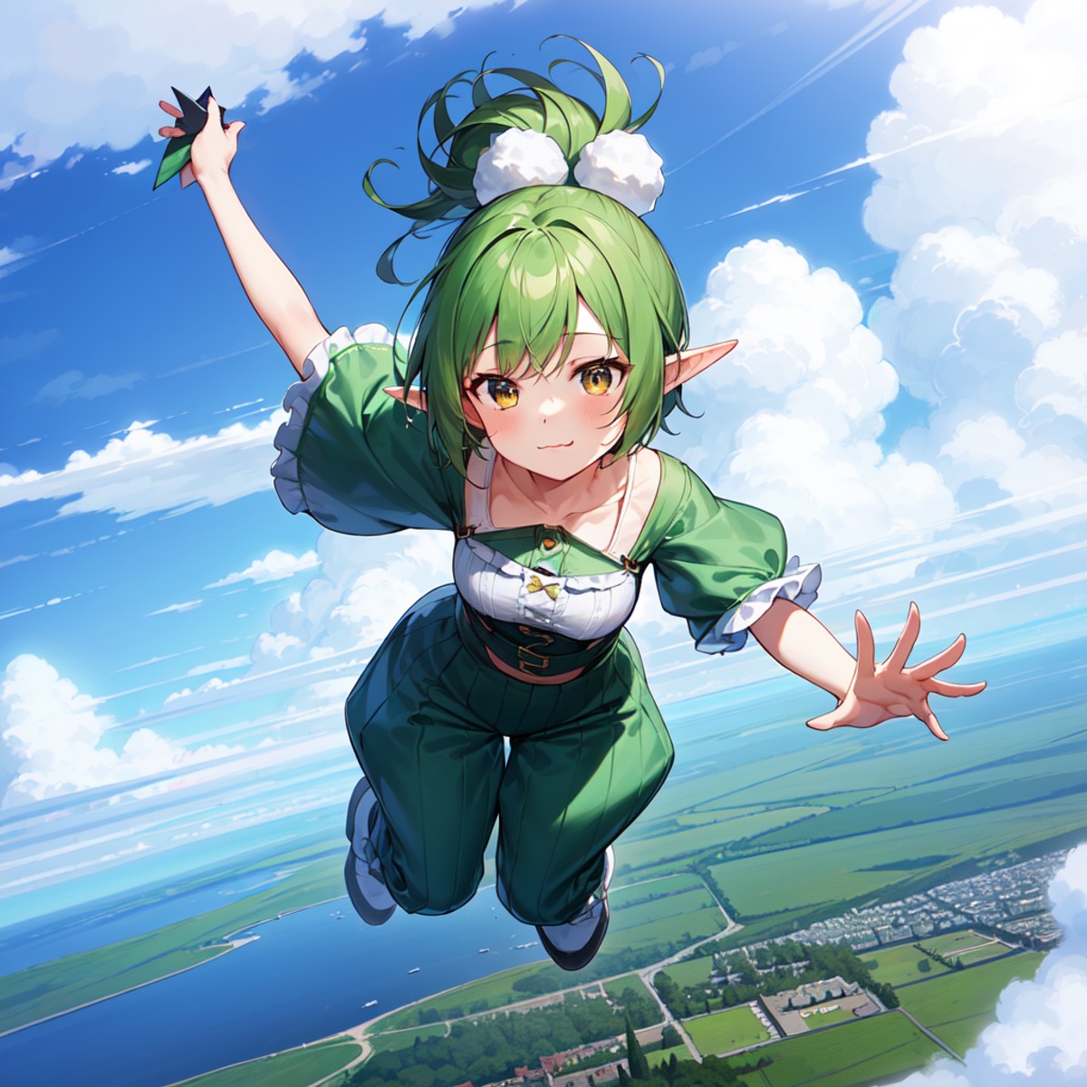 1girl, solo, from above, plane, day, clouds, jumping, green hair, very short hair, topknot, two-tone eyes, elf, pointy ear...