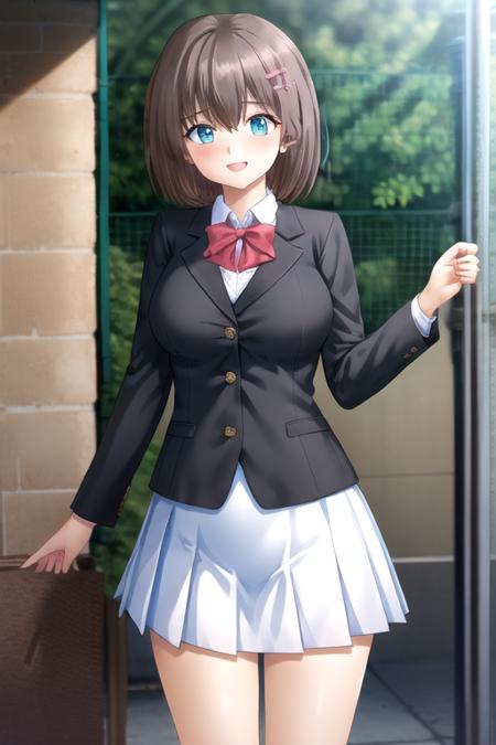 Otobe Wakana short hair,brown hair,hair ornament,hairclip,hair bow,pink bow,hair between eyes,bangs,aqua eyes school uniform,black jacket,blazer,red bowtie,white shirt,collared shirt,long sleeves,large breasts,skindentation,miniskirt,white skirt,pleated skirt,black socks,loafers,black footwear