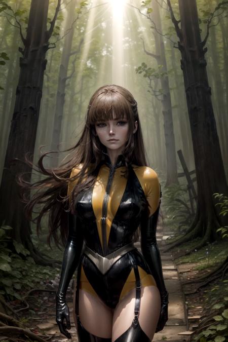 <lora:add_detail:1>,  <lora:silk-03:1> silkspectre2,blunt bangs,  black and yellow latex bodysuit, black elbow gloves, thighhighs ,focus on character portrait, solo, upper body, looking down, detailed background, detailed face, (<lora:BiophyllTech:0.6>, fully-organic,  BiophyllTech theme:1.1), serene expression, forest druid, wearing natural colored brown clothes,  leather, druid staff, feathers, calm posture, healing spell, inscriptions, green magic lights, glowing orbs, nature magic,  floating particles,   vines, roots,  stones,  bluebells, sprouting plants, bushes, rays of light,  swamp in background, natural uplifting atmosphere, earth tones,