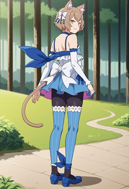 sleeveless dress detached sleeves blue choker hair bow cat ears dress bow cat tail black pantyhose arm ribbon thighhighs over pantyhose blue thighhighs ankle ribbon blue footwear brown hair thick eyebrows short hair