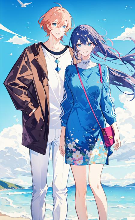 masterpiece, best quality, 2others, couple, mature, adult, Height difference, different fashion, different color, casual clothes, long sleeves, smile, happy, love, swirling wind, blue sky