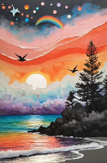 multi layer abstract,style of Charcoal and conte drawing,raised brush,minimal and abstract,background of textured paper,abstract expressionism,thick brush,highly irregular random strokes,irregular,complex,composite,collage tree and Mount,
landscape/scenery,walking,waves,wind,(((glistening light of waves))),(detailed sunset glow),(floating flow),((coral)),(Luminous),coast,(floating colorful bubbles),beautiful detailed sky,(fluorescence),detailed shadow,(conch),beautiful detailed water,starfish,meteor,rainbow,(seabirds),(glinting stars),(glowworm),(splash),detailed cloud,shell,(fireworks),(((masterpiece))),(((best quality))),((ultra-detailed)) . Composed entirely of small,distinct dots of color,vibrant,highly detailed,