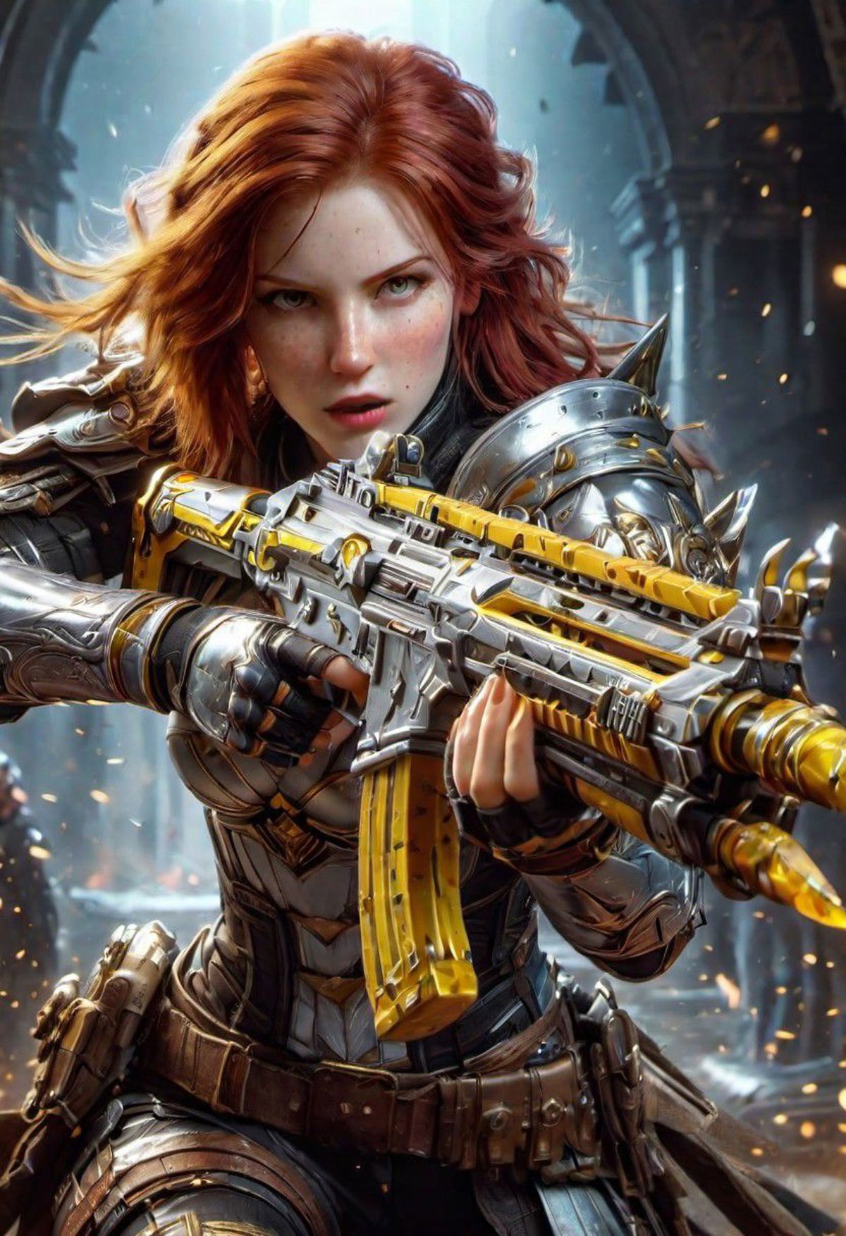 beautiful female redhead assassin with freckles in a battle arena wielding Assault Rifle made of banana, action shot, wind...