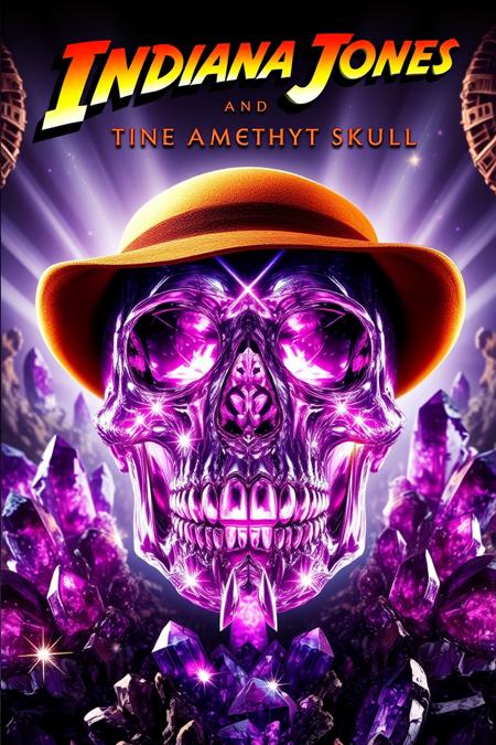 cinematic movie poster, title "Indiana Jones and the amethyst crystal skull", sparkling amethyst crystals,